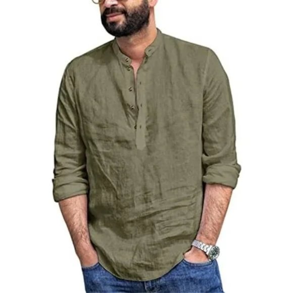 New Mens Linen Henley Shirt Green - Picture 3 of 7
